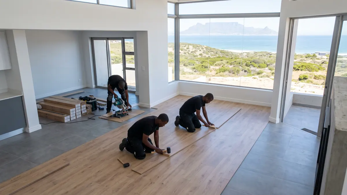 Laminate Flooring South Africa - installers laying oak-look laminate flooring planks in a bright open-plan home with sea views Laminate Flooring South Africa - installers laying oak-look laminate flooring planks in a bright open-plan home with sea views